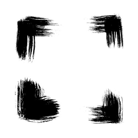 Collection of black ink hand drawn paintbrush brush vector illustration. Strokes, scribbles corners isolated set.のイラスト素材