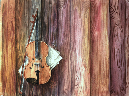 Vintage guitar, violin musical instrument with music-sheets on the wooden planks table. Watercolor artistic artwork.の写真素材