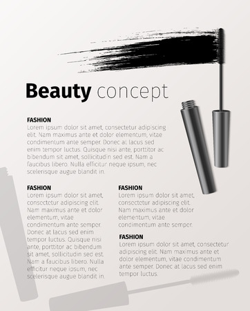 Mascara fashion banner, template for advertising or magazine page. Realistic vector cosmetic objectsのイラスト素材