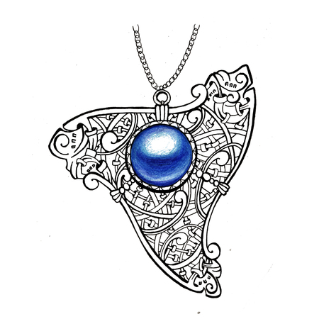 Pendant ornament in Celtic style. Ancient amulet with blue gem or pearl on the white background. Can be used for tattoo designの写真素材