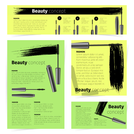 Mascara fashion cards, banners, flyer or brochure with realistic vector cosmetic objects, applicator brush and containersのイラスト素材