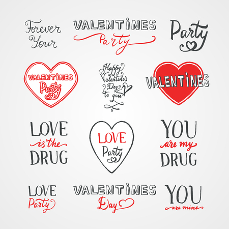 Happy Valentines Day holiday hand written lettering set of quotes, vintage style words. Party phrases collection. Greeting card text templates.のイラスト素材