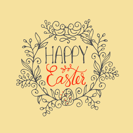 Hand written lettering Happy Easter wreath with two birds and egg. Greeting card text template. Modern calligraphy style.のイラスト素材