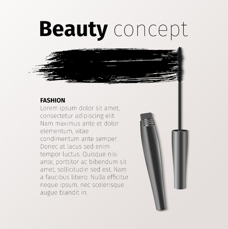 Mascara fashion banner, template for advertising or magazine page. Realistic vector cosmetic objectsのイラスト素材