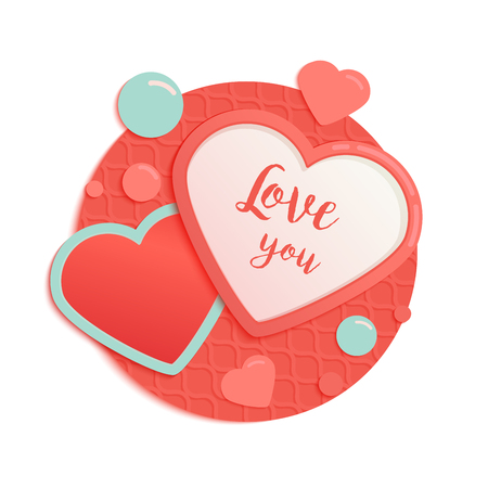 Pink and blue paper hearts with patternred circle and drops. Valentines Day Greeting Card or postcard isolated on white background.Romantic Lovely Frame design template for Mothers Day or scrapbooking.のイラスト素材