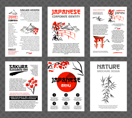 Banners or posters set with asia landscapes, buildings and blossoming sakura branches in traditional japanese sumi-e style. Vector brochure templatesのイラスト素材