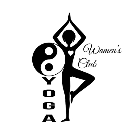 Sport club logo design template with woman silhouette in pose and om yoga sign, isolated elementの写真素材