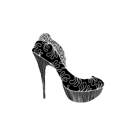 High-heeled black silhouette shoes for woman. Fashion footwear artwork. Isolated clipart for coloring book pages designのイラスト素材