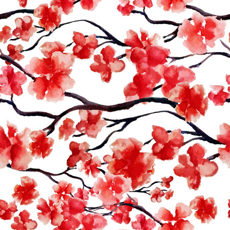 Japanese cherry branch spring blossom, red sakura tree seamless watercolor pattern. Vector illustration.のイラスト素材