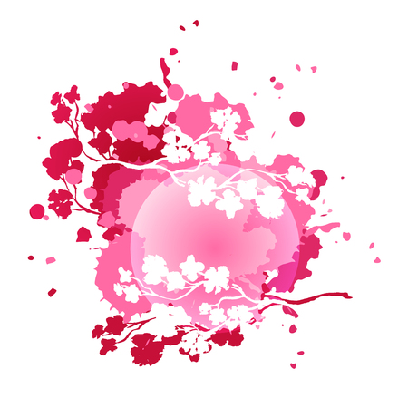 Pink Vector Colorful Watercolor Splash with cherry blossom branch silhouette for decoration of posters, typography, flyers, print design and other. Isolated on white.のイラスト素材