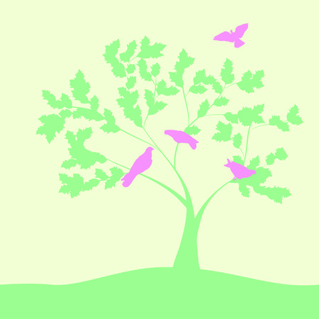 Spring vector illustration with doves on tree. Silhouetteのイラスト素材