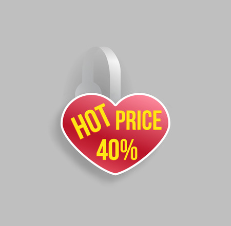 Vector red heart shape wobbler mockup with transparent strip and grey background. Sale message template for your hanging shelf tag design.のイラスト素材