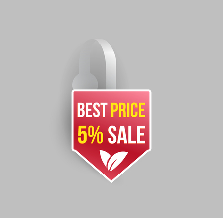 Vector red arrow shape wobbler mockup with transparent strip and grey background. Sale message template for your hanging shelf tag design.のイラスト素材