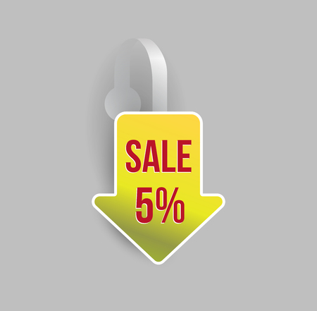 Vector yellow arrow shape wobbler mockup with transparent strip and grey background. Sale message template for your hanging shelf tag design.のイラスト素材