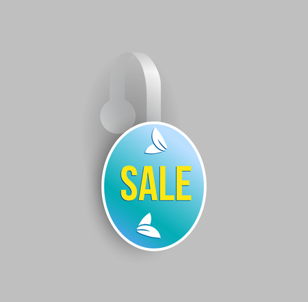 Vector blue oval shape wobbler mockup with transparent strip and grey background. Sale message template for your hanging shelf tag design.のイラスト素材