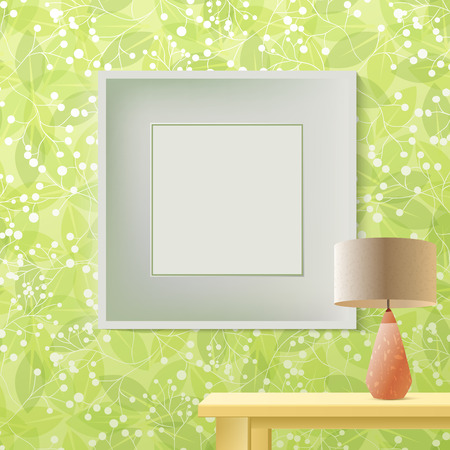 Green leaf spring printed wallpaper with empty frame for copyspace on wallのイラスト素材