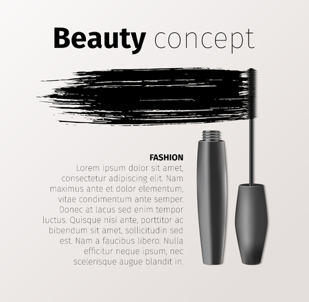 Mascara fashion banner, template for advertising or magazine page. Realistic vector cosmetic objectsのイラスト素材