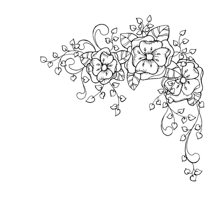 Antistress coloring book page design for adults with flower branch, blossoming. Black and white corner frame for decor. Vector illustrationのイラスト素材