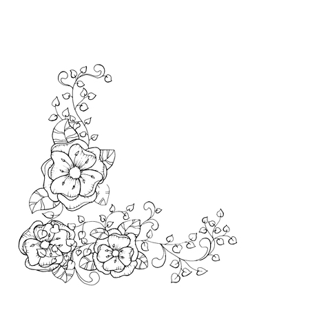 Antistress coloring book page design for adults with flower branch, blossoming. Black and white corner frame for decor. Vector illustrationのイラスト素材