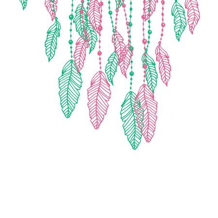 Hanging pink and turquoise or blue stylized doodle feathers, isolated on white. Vector decoration elementのイラスト素材