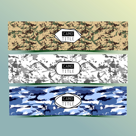 Set of Vintage Creative Banners with Camo, Camouflage Patterns. Retro Presentation for Web site Banner Designs. Pages include seamless pattern under mask.のイラスト素材
