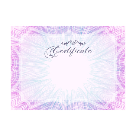 Pink and blue horizontal guilloche certificate template, official paper, document certifying education qualification award, final exam result, rosette pattern, vector illustration on whiteのイラスト素材