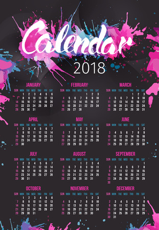 Calendar 2018 Year with handdrawn splashes. Vertical black wall calendar with pink and blue splash. Week starts Sundayのイラスト素材