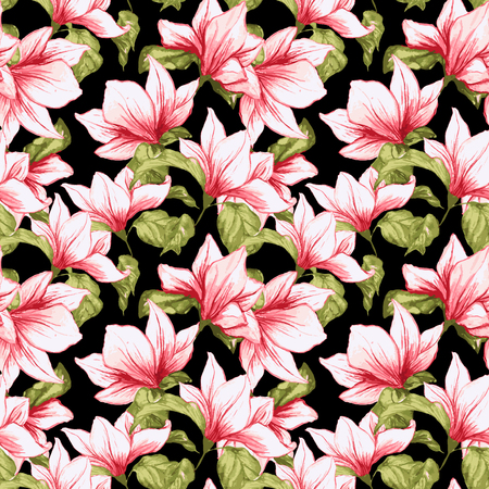 Seamless pattern with magnolia flowers on the black background. Fresh summer tropical blossoming pink flowers for fabric textile design. Vector illustrationの写真素材