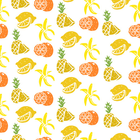 Fruit seamless sketch, banana, lemon, orange, pineapple, fresh, sweet and lively sunny color, vector flat style illustration isolated on white backgroundのイラスト素材
