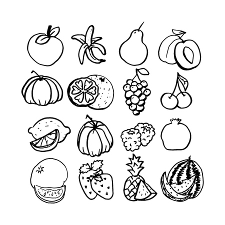 Fruit set line art, veggie bar images, sweet salad, part of a healthy diet, quality groceries, vector flat style illustration isolated on white backgroundのイラスト素材