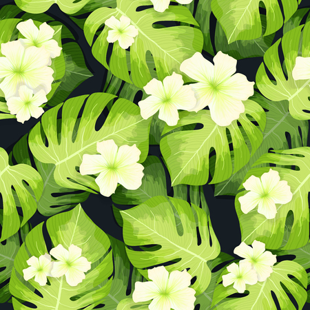 Monstera palm leaves seamless pattern, hawaiian or tropical plants and hibiscus flowers, vector creative illustrationの写真素材