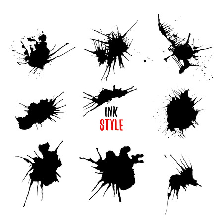 Ink splatters black hand drawn set. Black blots on white background. Vector isolated collection for advertising designのイラスト素材
