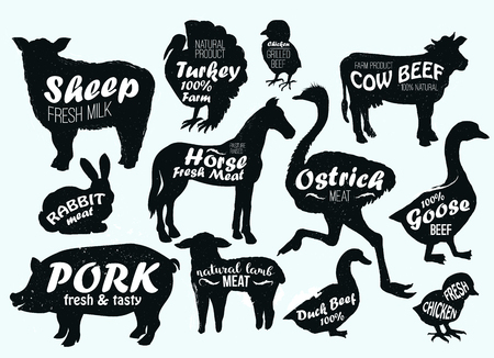 Farm animals logo vintage textured templates. Retro styled animals silhouettes of horse, turkey,cow, chicken,cow,sheep, ostrich, goose, duck, pork, lamb and rabbit.のイラスト素材