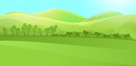 Clear horizontal landscape with green hill, mountains, grass and tree garden or forest. Colored cartoon vector illustration. Can be used for farm banner designのイラスト素材