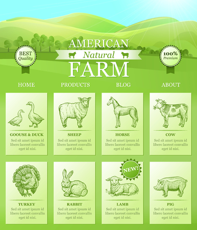 American Farm landing for website with bright landscape, farm animals silhouettes. Vector template for website design, web page and advertising banners, business cards.のイラスト素材