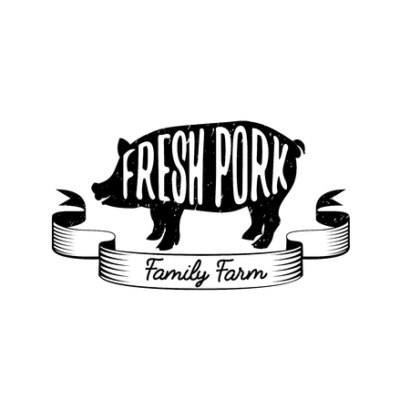 Emblem of a family farm with fresh pork silhouette in black and white retro style. Logo in style of vector illustrationのイラスト素材