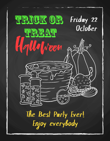 Halloween holiday chalk poster for party. Textured blackboard and witch accessories,pot with potion, pumpkin and hat. Trick or threat. Template for advertising design.のイラスト素材