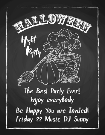 Halloween holiday chalk poster for night party. Textured blackboard and witch accessories, broom, pot with potion, hat and pumpkin. Trick or threat. Template for advertising design.のイラスト素材