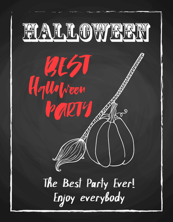 Halloween holiday chalk poster for night party. Textured blackboard and witch accessories broom and pumpkin. Template for advertising design.のイラスト素材