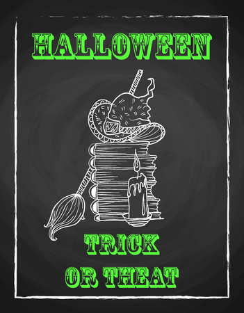 Halloween holiday chalk poster for party. Textured blackboard and witch accessories, hat, candle and stack of old books, broom. Trick or threat. Template for advertising design.のイラスト素材