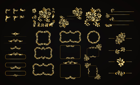 Golden calligraphic vector design elements on the black background. Gold menu and invitation border, frame,divider,page decor. Luxury style calligraphicのイラスト素材