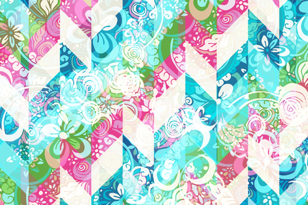 Geometric abstract pattern with colorful modern floral ornament. Vector summer illustration.のイラスト素材