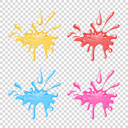 Isolated vector splashes, blot, stains set on a transparent background. Vector illustration of colorful set of splashes, yellow, red, pink and blueのイラスト素材