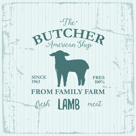 Butcher American Shop label design with lamb. Farm animal vintage logo textured template. Retro styled animal silhouette of Lamb. Can be used for typography banners, advertisingのイラスト素材