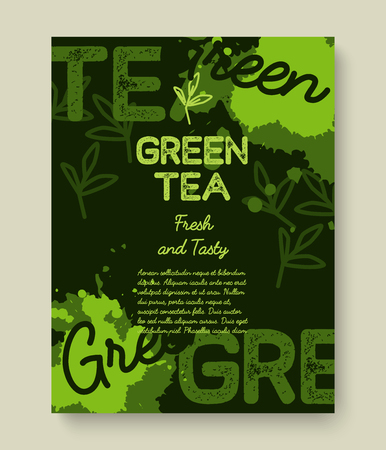 Green tea poster or banner typography design. Creative illustration with liquid tea splashes for breakfast menu, vitamin shop, other.のイラスト素材