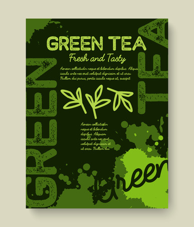 Green tea poster or banner typography design. Creative illustration with liquid tea splashes for breakfast menu, vitamin shop, otherのイラスト素材