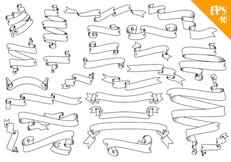 Hand drawn detailed vector scroll ribbons set in outline, contour drawingのイラスト素材