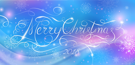 Merry Christmas 2018 modern calligraphy inscription. Fairy tale illustration. Night blue sky, stars, Milky Way and Northern Lights. Horizontal banner for website headers or wallpaper typography designのイラスト素材