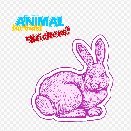 Farm animal rabbit in sketch style on colorful sticker. Isolated on transparent background. Can be used for cute coloring book for children. Include silhouette for paper cuttingの写真素材
