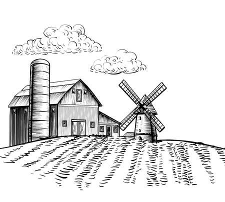 Windmill on agricultural field on background trees and rural landscape hand drawn sketch style illustration. Black and white rural farm landscape vector imageのイラスト素材